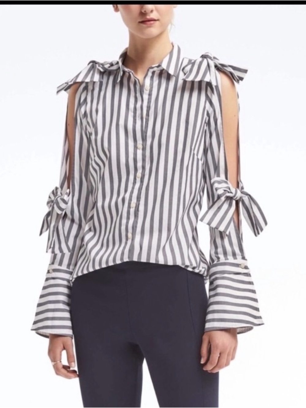 Banana Republic Navy & White Striped Cold-Shoulder Button Down